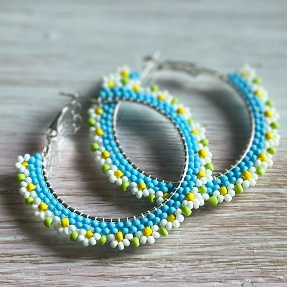 New - Daises - Beaded Hoop Earrings - 2 ” hoops